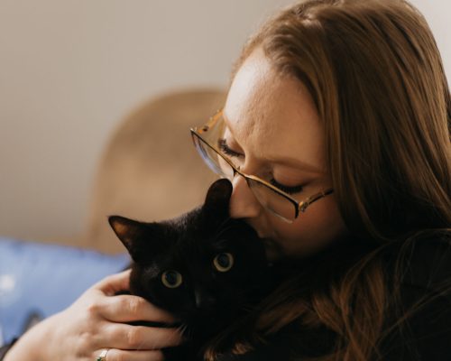 Dra. Andréia acolhendo um gato preto no Império para Gatos, clínica veterinária exclusiva em Pelotas.